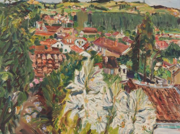 Mario CAVAGLIERI.  "Lys au jardin avec Auch en arrrière plan" Huile su