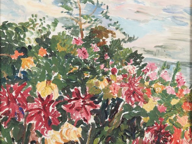 Mario CAVAGLIERI.  "massif de dalhias" Huile sur toile, signée en bas 