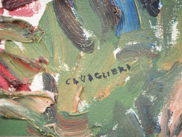Mario CAVAGLIERI.  "massif de dalhias" Huile sur toile, signée en bas 