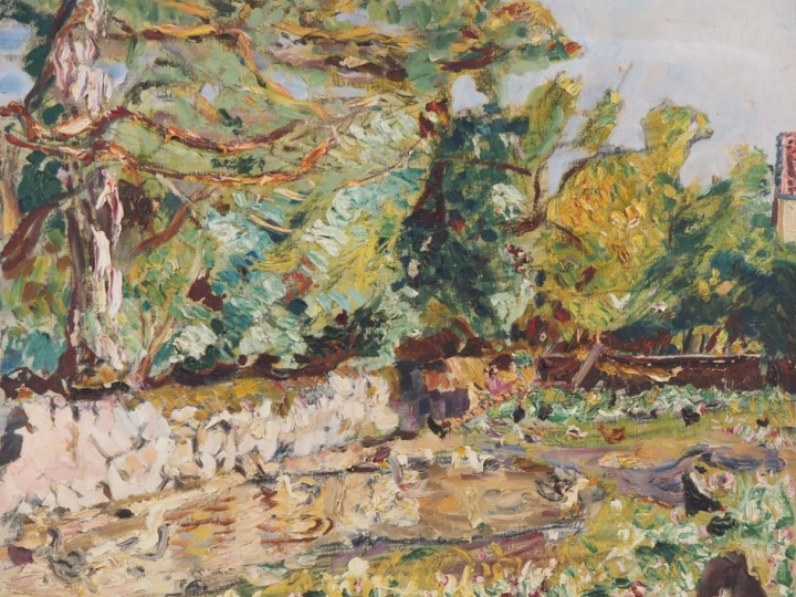 Mario CAVAGLIERI.  "Cour de ferme au soleil" Huile sur toile, signée e