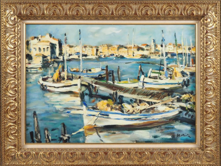 BATTISTA.  "le port de Sète"  Huile sur panneau , signée en bas à droi
