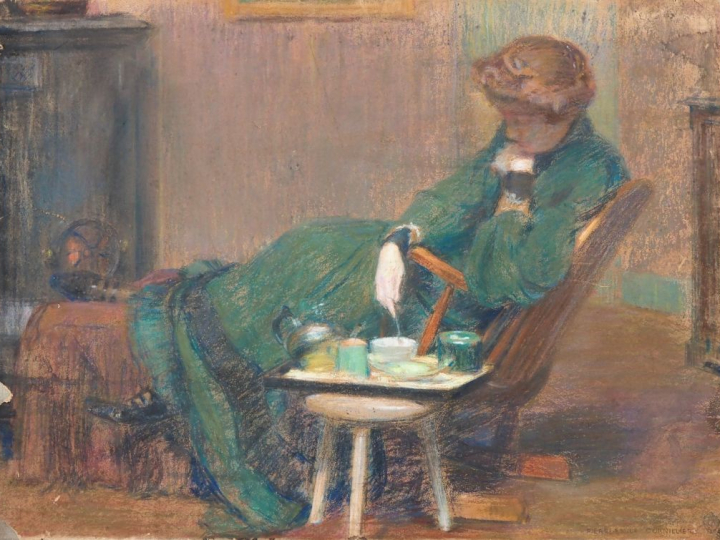 P. Emile CORNILLIER.  "jeune femme à l'heure du thé" Pastel, signé en 