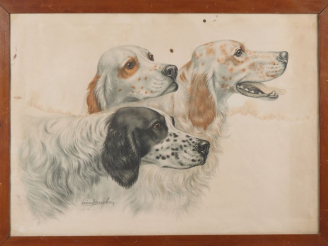 Vente aux enchères Léon DANCHIN.  "les trois chiens de chasse" Lithographie signée et num