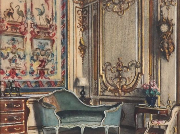FAUCHEUR.  "Intérieur de grand salon Louis XV" Pastel, signé en bas à 