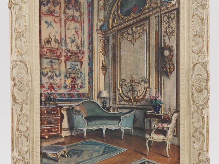 FAUCHEUR.  "Intérieur de grand salon Louis XV" Pastel, signé en bas à 