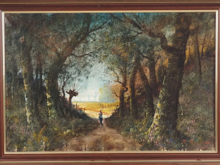 GOURDON.  "Paysanne cheminant dans la forêt" Huile sur toile, signée e