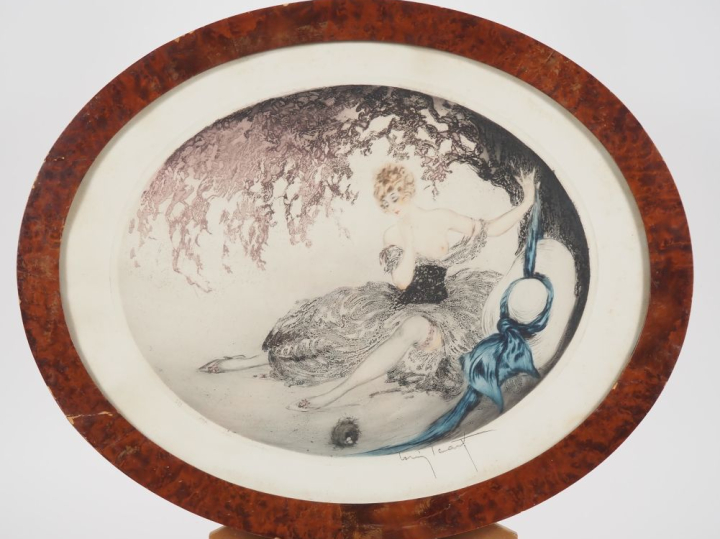 Louis ICART.  Paire d'eaux fortes en médaillon "jeunes femme", contres