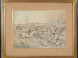Vente aux enchères Ecole française fin XIXème.  "scène de chasse à courre" Dessin au cray