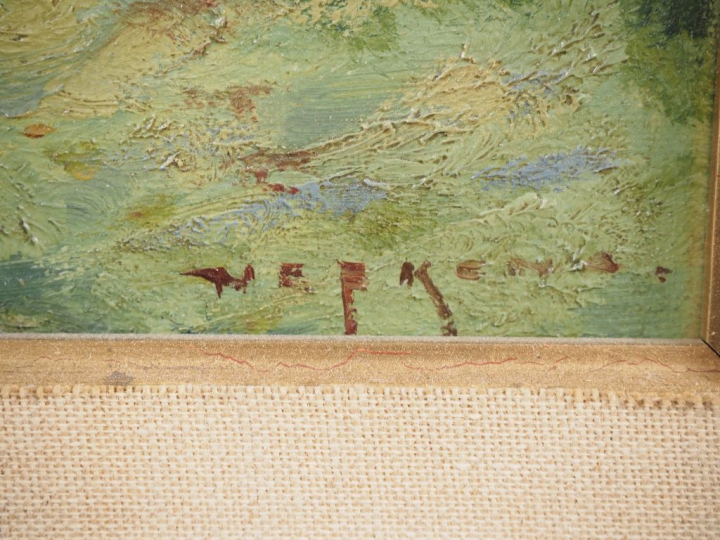 Ecole début XXème. "Paysan sur sa charrette" Huile sur toile, signée e