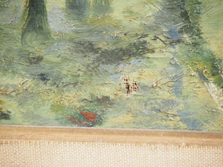 Ecole début XXème. "Paysan sur sa charrette" Huile sur toile, signée e