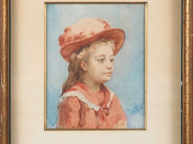 Ecole française début XXème.  "Fillette au chapeau" Aquarelle Dim. À v