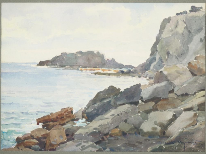 Ecole française début XXème.  "Côte rocheuse" Aquarelle, signée en bas