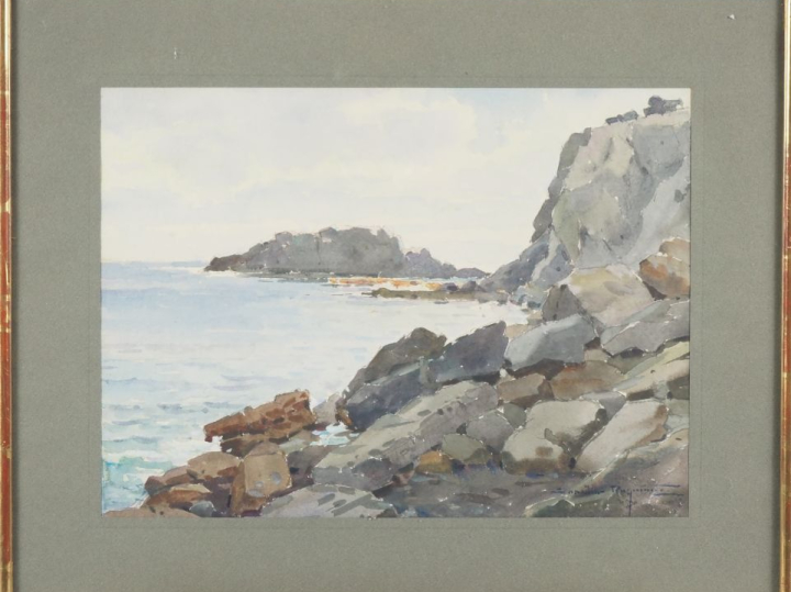 Ecole française début XXème.  "Côte rocheuse" Aquarelle, signée en bas