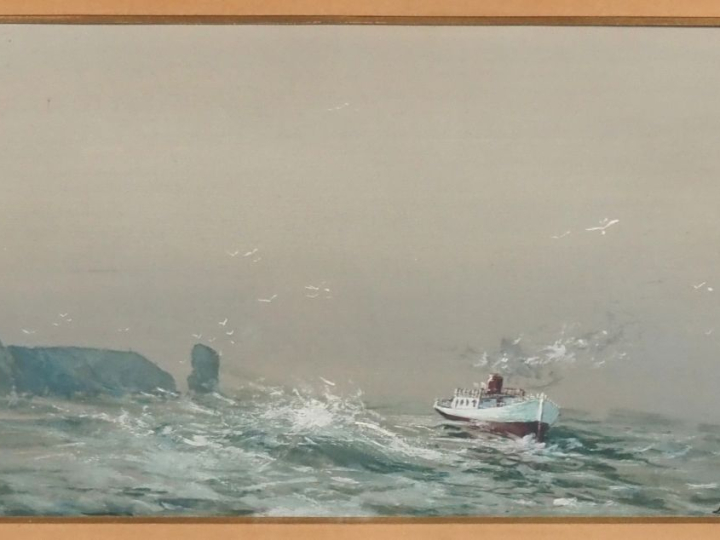 Ecole française début XXème. "Bateau à vapeur près des cotes" Pastel, 