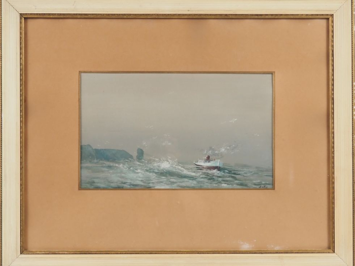 Ecole française début XXème. "Bateau à vapeur près des cotes" Pastel, 