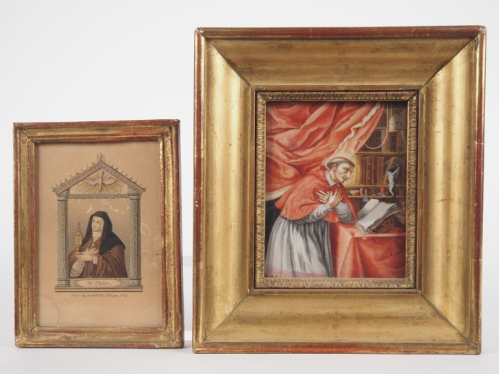Miniature XIXème, "Saint personnage en prière". Dim. 13,5 x 10,5 cm.  