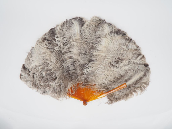 Eventail 1900 en plumes, 18 brins, dans son coffret signé Rodien H. 47